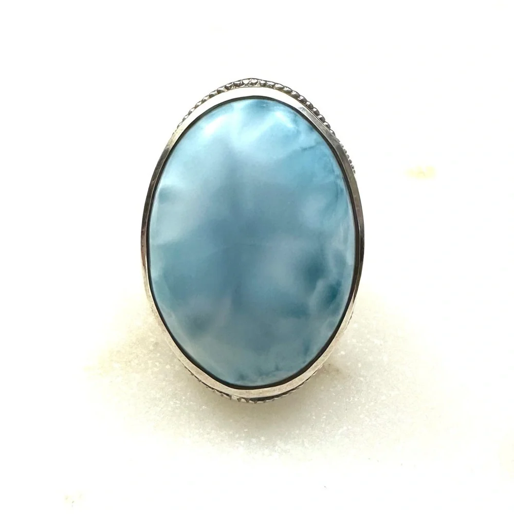 Blue Larimar Large Oval Cabochon Sterling Silver Ring